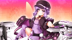  1girl dress drum drum_set hair_ornament hat instrument jacket kazetto long_sleeves looking_at_viewer low_twintails open_clothes open_jacket purple_dress purple_hair sitting smile solo thigh-highs thighs twintails violet_eyes vocaloid voiceroid yuzuki_yukari zettai_ryouiki 