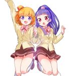  2girls a_k_o asahina_mirai blazer blonde_hair bow interlocked_fingers izayoi_liko jacket long_hair looking_at_viewer mahou_girls_precure! multiple_girls open_mouth precure purple_hair red_eyes school_uniform skirt smile violet_eyes 