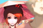  1girl 2boys blurry brown_hair depth_of_field face fuu glasses highres japanese_clothes jinnosuke looking_at_viewer mugen multiple_boys questpowers samurai_champloo smile solo_focus umbrella 