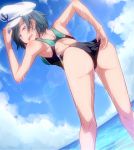 1girl adjusting_clothes adjusting_swimsuit aqua_eyes ass bent_over black_hair competition_swimsuit from_behind hat mendou_saya murasa_minamitsu one-piece_swimsuit open_mouth sailor_hat solo swimsuit touhou wet