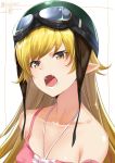  artist_name aviator_cap bare_shoulders blonde_hair blush camisole collarbone eyebrows eyebrows_visible_through_hair fangs goggles goggles_on_head halterneck head_tilt helmet isshiki_(ffmania7) looking_at_viewer monogatari_(series) off_shoulder open_mouth oshino_shinobu pointy_ears simple_background strap_slip teeth upper_body vampire white_background yellow_eyes 