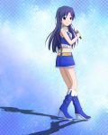  1girl belt blue_boots blue_hair blue_skirt boots brown_eyes holding idolmaster kisaragi_chihaya lieass long_hair looking_at_viewer microphone skirt smile solo 