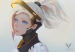 1girl armor artist_name blonde_hair blue_eyes bodysuit dated emblem face high_ponytail lipstick long_hair looking_at_viewer makeup mechanical_halo mercy_(overwatch) overwatch parted_lips pink_lips ponytail short_hair solo 