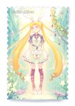  1girl 2015 animal_ears aqua_background argyle argyle_legwear artist_name bishoujo_senshi_sailor_moon blonde_hair brooch bubblegum character_name dated double_bun dress facial_mark flower forehead_mark full_body jewelry kneehighs leaf long_hair looking_away namesake petticoat plant rabbit_ears sdr1989 short_sleeves solo stamp standing stuffed_animal stuffed_toy teddy_bear thigh-highs tsukino_usagi twintails very_long_hair violet_eyes white_dress 