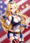 1girl american_flag blonde_hair blue_eyes breasts cleavage elbow_gloves fingerless_gloves gakky-cf gloves highres iowa_(kantai_collection) kantai_collection long_hair one_eye_closed star star-shaped_pupils symbol-shaped_pupils thigh-highs 