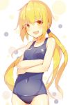  1girl blonde_hair blush crossed_arms kantai_collection long_hair meth_(emethmeth) open_mouth satsuki_(kantai_collection) school_swimsuit simple_background smile solo swimsuit twintails yellow_eyes 