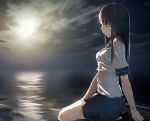  1girl bangs between_legs black_eyes black_hair blue_skirt blunt_bangs breasts cowboy_shot expressionless eyebrows eyebrows_visible_through_hair from_side fuu_fuu hand_between_legs hatsuyuki_(kantai_collection) horizon jitome kantai_collection light long_hair looking_down night night_sky ocean outdoors pleated_skirt profile reflection school_uniform serafuku short_sleeves sidelocks sitting skirt sky solo star_(sky) water wet wet_clothes wet_hair 