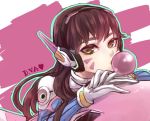  1girl armor bangs bodysuit brown_eyes brown_hair bubble_blowing bubblegum character_name d.va_(overwatch) face facial_mark gloves gum headphones heart high_collar long_hair looking_at_viewer mecha overwatch pilot_suit solo swept_bangs whisker_markings white_gloves 