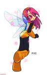  1girl ass awabuta boots character_name eyebrows eyelashes from_behind full_body hairband insect_wings looking_back marvel megan_gwynn open_mouth pink_eyes pink_hair pixie_(x-men) pointy_ears smile solo superhero twitter_username wings x-men 