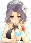  1girl azuhira bendy_straw bikini black_bikini breasts brown_eyes cleavage cup drinking drinking_straw flower hair_flower hair_ornament highres jewelry kantai_collection large_breasts looking_at_viewer mechanical_halo purple_hair ring short_hair simple_background solo swimsuit tatsuta_(kantai_collection) wedding_band wet white_background 