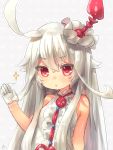  1girl albino bare_arms bare_shoulders choko_(last_period) dress gloves hair_ornament highres last_period long_hair looking_at_viewer red_eyes sad_fuka silver_hair solo sparkle upper_body very_long_hair white_dress white_gloves white_hair 