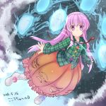  1girl bubble_skirt clouds cloudy_sky expressionless face_mask flying_sweatdrops hata_no_kokoro long_hair long_sleeves mask monrooru pink_eyes pink_hair see-through shirt skirt sky solo touhou very_long_hair 