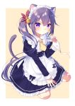 1girl akebono_(kantai_collection) alternate_costume animal_ears bell cat_ears cat_tail cream cream_on_face enmaided flower food food_on_face hair_bell hair_flower hair_ornament highres kantai_collection long_hair mafuyu_(chibi21) maid maid_headdress purple_hair side_ponytail solo tail very_long_hair violet_eyes 