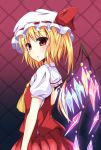 1girl ascot blonde_hair cowboy_shot flandre_scarlet glowing glowing_wings hat hat_ribbon highres looking_at_viewer mob_cap naba_(take_tonbo) open_mouth puffy_short_sleeves puffy_sleeves red_eyes ribbon shirt short_sleeves skirt skirt_set solo touhou vest wings 