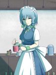  1girl apron black_eyes blank_eyes blue_dress bottle bow braid cable closed_mouth coffee_cup collared_shirt commentary_request cup dress eyebrows eyebrows_visible_through_hair green_bow hair_bow half-closed_eyes holding holding_cup indoors izayoi_sakuya looking_at_viewer maid maid_apron maid_headdress okahi package shaded_face shelf shirt short_hair short_sleeves silver_hair smile solo spoon steam sweatband touhou twin_braids waist_apron white_apron wing_collar 