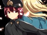  1boy atago_(kantai_collection) blonde_hair brown_eyes brown_hair cape cherry_blossoms close-up hat high_heels kantai_collection kloah long_hair shota_admiral_(kantai_collection) uniform 