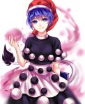  1girl absurdres blob blue_eyes blue_hair book capelet cowboy_shot doremy_sweet facing_viewer hat highres nightcap pom_pom_(clothes) red_hat sheya short_hair simple_background smile solo tail touhou white_background 
