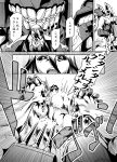  1boy 1girl autobot battle battleship_hime comic crossover fighting_stance grimlock kamizono_(spookyhouse) kantai_collection long_hair machine machinery mecha monochrome open_mouth robot science_fiction transformers translation_request turret weapon 