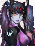  1girl bangs bodysuit breasts center_opening eyelashes gun head_mounted_display helmet highres holding holding_gun holding_weapon large_breasts lipstick long_hair looking_at_viewer makeup overwatch pale_skin ponytail purple_hair purple_lipstick randy_(awesomevillage) rifle signature sniper_rifle solo upper_body visor weapon widowmaker_(overwatch) yellow_eyes 