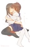  2girls akagi_(kantai_collection) black_legwear blush brown_hair closed_eyes hakama_skirt hands_on_another&#039;s_hips hands_on_another&#039;s_shoulders heart hug ina_(1813576) japanese_clothes kaga_(kantai_collection) kantai_collection long_hair multiple_girls pleated_skirt red_ribbon ribbon side_ponytail simple_background sitting sitting_on_lap sitting_on_person skirt smile tasuki thigh-highs translated twitter_username white_background white_legwear wide_sleeves 