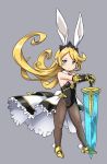  1girl animal_ears bare_shoulders blonde_hair blue_eyes blush bunny_girl bunny_tail bunnysuit charlotta_(granblue_fantasy) detached_collar fake_animal_ears gauntlets granblue_fantasy leotard long_hair looking_at_viewer pantyhose pointy_ears rabbit_ears simple_background small_breasts solo sword tail weapon zaxwu 