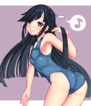  1girl black_hair brown_eyes competition_swimsuit hair_over_one_eye hayashimo_(kantai_collection) kantai_collection kurogane_daichi leaning_forward long_hair musical_note one-piece_swimsuit spoken_musical_note swimsuit 