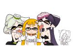 aori_(splatoon) breasts callie_(splatoon) earrings hotaru_(splatoon) inkling licking marie_(splatoon) orange_hair shirt splatoon takozonesu white_background white_shirt yuri yuta_agc