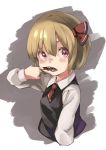  1girl absurdres blonde_hair blush grey_background hair_ribbon highres long_sleeves looking_to_the_side mouth_pull muchi_maro necktie open_mouth red_eyes ribbon rumia sharp_teeth shirt short_hair solo teeth touhou upper_body vest 
