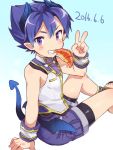  1boy blue_hair blush croissant dated demon_boy demon_tail demon_wings food_in_mouth horns male_focus mini_wings mouth_hold pointy_ears pop-up_story smile solo tail utsunomiya_hetaru v violet_eyes wings ziz_glover 