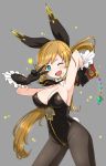  1girl ;d armpits arms_up black_gloves black_legwear blue_eyes blush breasts brown_hair bunnysuit character_request clarisse_(granblue_fantasy) cleavage detached_collar fang gloves granblue_fantasy grey_background highres holding large_breasts long_hair looking_at_viewer one_eye_closed open_mouth pantyhose ponytail simple_background smile solo v zaxwu 