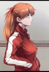  1girl animated animated_gif blinking blue_eyes chewing closed_mouth from_side hairpods hand_in_pocket indoors jacket long_hair neon_genesis_evangelion orange_hair ponytail profile red_jacket sgk solo souryuu_asuka_langley track_jacket turtleneck wall wide-eyed zipper 