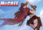  1girl ass brown_eyes brown_hair cape character_name clouds cowboy cowboy_hat earrings female genderswap genderswap_(mtf) gloves gun handgun hat highres jewelry karasu_kame_ex long_hair looking_back mccree_(overwatch) overwatch revolver sky solo weapon western 