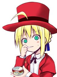  1girl ahoge blonde_hair cornelius_alba cosplay eating fate/grand_order fate_(series) food green_eyes haagen-dazs hat ice_cream ice_cream_scoop long_hair looking_at_viewer saber sen_(astronomy) solo sweatdrop top_hat wide-eyed 