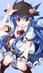  1girl blue_hair boots food fruit hat highres hinanawi_tenshi knees long_hair looking_at_viewer open_mouth peach puffy_short_sleeves puffy_sleeves red_eyes ruu_(tksymkw) shirt short_sleeves skirt smile solo touhou very_long_hair 