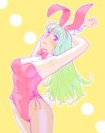  1girl animal_ears arched_back bow bowtie bunny_tail bunnysuit detached_collar fukusuke_hachi-gou gradient_hair green_hair highres long_hair multicolored_hair original pantyhose rabbit_ears standing tail violet_eyes wrist_cuffs 