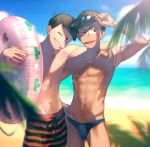  &gt;:d 2boys :d abs adjusting_sunglasses ahoge alternate_eye_color arm_around_neck beach black_hair blue_eyes blue_sky blurry brothers clouds cowboy_shot depth_of_field drawstring eyebrows glint gold grin groin hand_on_another&#039;s_shoulder hand_up head_tilt innertube jewelry lens_flare looking_at_viewer male_focus male_swimwear matsuno_karamatsu matsuno_osomatsu mocchiri_oyaji multiple_boys navel necklace nipples ocean one_eye_closed open_mouth osomatsu-kun osomatsu-san outdoors palm_tree red_eyes shade shirtless shorts siblings sky smile striped striped_shorts summer sunglasses sunglasses_on_head swim_briefs swim_trunks swimwear transparent tree 