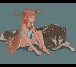  1girl 3735geriragouki absurdres animal aqua_background ass bangs barefoot blunt_bangs colored full_body highres horn_ribbon horns ibuki_suika letterboxed long_hair lying on_stomach orange_hair panties pantyshot pointy_ears ribbon shirt simple_background sitting sketch skirt sleeveless touhou underwear wolf yellow_eyes 