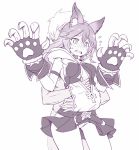  1boy 1girl animal_ears blush breasts claw_(weapon) claws collar fang granblue_fantasy hair_between_eyes long_hair monochrome open_mouth sen_(granblue_fantasy) simple_background sketch skirt solo_focus weapon white_background zaxwu 