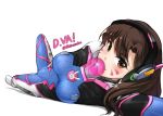  1girl arm_above_head bangs bodysuit breasts brown_eyes brown_hair bubblegum character_name clothes_writing covered_navel d.va_(overwatch) facial_mark foreshortening headphones long_hair looking_at_viewer lying medium_breasts on_side one_leg_raised overwatch perspective pilot_suit shirosaba47 simple_background smile solo swept_bangs twisted_torso twitter_username whisker_markings white_background 