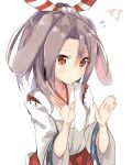  1girl amano_kouki animal_ears blush brown_eyes bunny_tail flying_sweatdrops hachimaki hair_between_eyes headband high_ponytail highres japanese_clothes kantai_collection light_brown_hair long_hair looking_at_viewer ponytail rabbit_ears simple_background solo tail white_background wide_sleeves zuihou_(kantai_collection) 