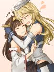  2girls ahoge blonde_hair brown_hair clenched_teeth closed_eyes detached_sleeves elbow_gloves gloves hairband hat heart highres hug iowa_(kantai_collection) japanese_clothes kantai_collection kongou_(kantai_collection) long_hair multiple_girls nontraditional_miko pallad teeth wide_sleeves 