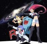  1boy 1girl black_boots black_gloves boots flower galaxy gloves hand_on_hip highres kojirou_(pokemon) meowth midriff mouth_hold musashi_(pokemon) navel pink_hair pointing pokemon pokemon_(anime) pokemon_(creature) purple_hair rose skirt space star_(sky) team_rocket thigh-highs thigh_boots tm_(hanamakisan) undershirt wobbuffet 