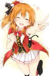  1girl :d ^_^ ^o^ bokura_no_live_kimi_to_no_life bow bowtie closed_eyes facing_viewer heart kousaka_honoka leg_up love_live!_school_idol_project open_mouth orange_hair outstretched_arm pleated_skirt red_bow red_bowtie shiina_kuro short_sleeves side_ponytail skirt smile solo standing v 