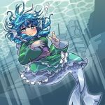  1girl blue_eyes blue_hair blush bubble frilled_kimono frills full_body head_fins ini_(inunabe00) japanese_clothes kimono light_rays looking_at_viewer mermaid monster_girl obi sash smile solo touhou underwater wakasagihime webbed_hands wide_sleeves 