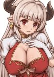  1girl alicia_(granblue_fantasy) bangs breasts cleavage earrings eyebrows eyebrows_visible_through_hair gloves granblue_fantasy hand_on_own_chest horns jewelry kasanui large_breasts long_hair looking_at_viewer pointy_ears red_eyes silver_hair simple_background solo upper_body white_background white_gloves 