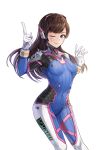  1girl bodysuit brown_eyes brown_hair d.va_(overwatch) facial_mark gloves headphones highres limobok long_hair looking_at_viewer one_eye_closed overwatch pointing pointing_up simple_background skin_tight smile solo white_background 