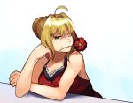  1girl ahoge bangs bare_arms bare_shoulders blonde_hair blue_background braid breasts cleavage closed_mouth dress fate/grand_order fate_(series) flower hair_bun hair_intakes idk-kun large_breasts looking_at_viewer mouth_hold nero_claudius_(fate) nero_claudius_(fate)_(all) one_eye_closed red_dress red_eyes red_flower red_rose rose short_hair smile solo 