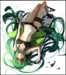  1girl black_bra black_panties bra collarbone from_above gatchaman_crowds green_eyes green_hair green_ribbon hair_ribbon long_hair looking_at_viewer lying navel on_back ouri_(fiore) panties ribbon solo underwear utsutsu very_long_hair 