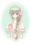  1girl alternate_costume alternate_hair_color alternate_hairstyle blush bow braid code_geass code_geass:_boukoku_no_akito dress flower front_braid grey_hair hair_bow hair_flower hair_ornament juliet_sleeves komaichi leila_(code_geass) long_hair long_sleeves looking_at_viewer puffy_sleeves single_braid smile solo upper_body violet_eyes white_bow white_dress 