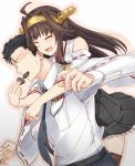 1boy 1girl admiral_(kantai_collection) ahoge black_hair blush brown_hair chocolate chocolate_heart closed_eyes detached_sleeves faceless faceless_male feeding force_feeding hairband heart highres hug hug_from_behind japanese_clothes kantai_collection kongou_(kantai_collection) military military_uniform mouth_hold naval_uniform necktie nontraditional_miko open_mouth pallad sweatdrop thigh-highs uniform valentine wide_sleeves 